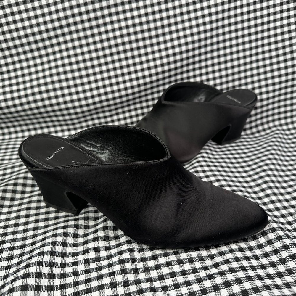 Aquatalia Olima Stretch Satin Slip On Mid Heel Mule Pointed Toe Size 6.5 Black